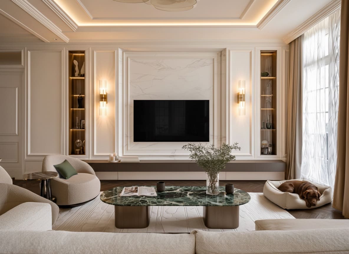 Interior de sala de estar elegante y lujosa diseñado por ODESNA Studio.